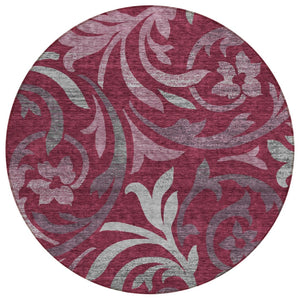 HomeRoots 5' Elegant Red Gray and Silver Floral Area Rug for Indoor Outdoor Use - Stain Resistant & Washable 8' Round 585780