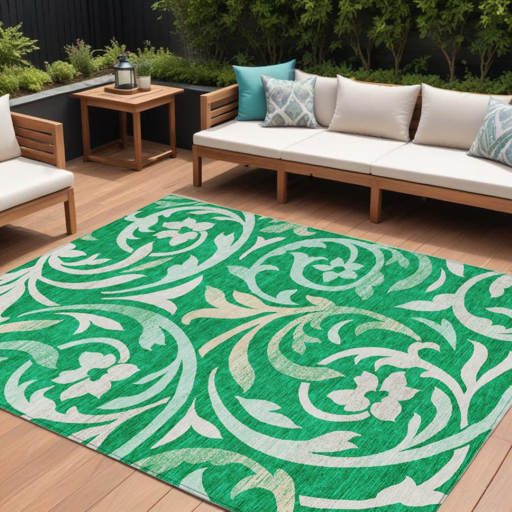 HomeRoots 9' Mint Green and Ivory Floral Area Rug - Washable, Durable, Indoor-Outdoor Charm for Any Space 9' X 12' 585788