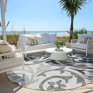 HomeRoots 5' Timeless Floral Gray Charcoal & Silver Area Rug - Durable, Washable for Indoor & Outdoor Elegance 8' Round 585798