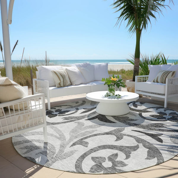 HomeRoots 5' Timeless Floral Gray Charcoal & Silver Area Rug - Durable, Washable for Indoor & Outdoor Elegance 8' Round 585798