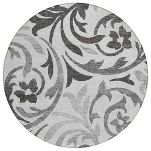HomeRoots 5' Timeless Floral Gray Charcoal & Silver Area Rug - Durable, Washable for Indoor & Outdoor Elegance 8' Round 585798