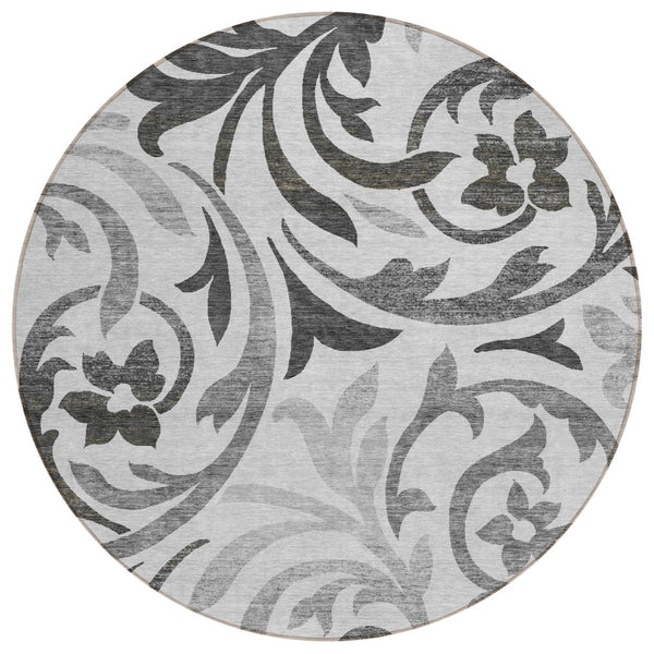 HomeRoots 5' Timeless Floral Gray Charcoal & Silver Area Rug - Durable, Washable for Indoor & Outdoor Elegance 8' Round 585798