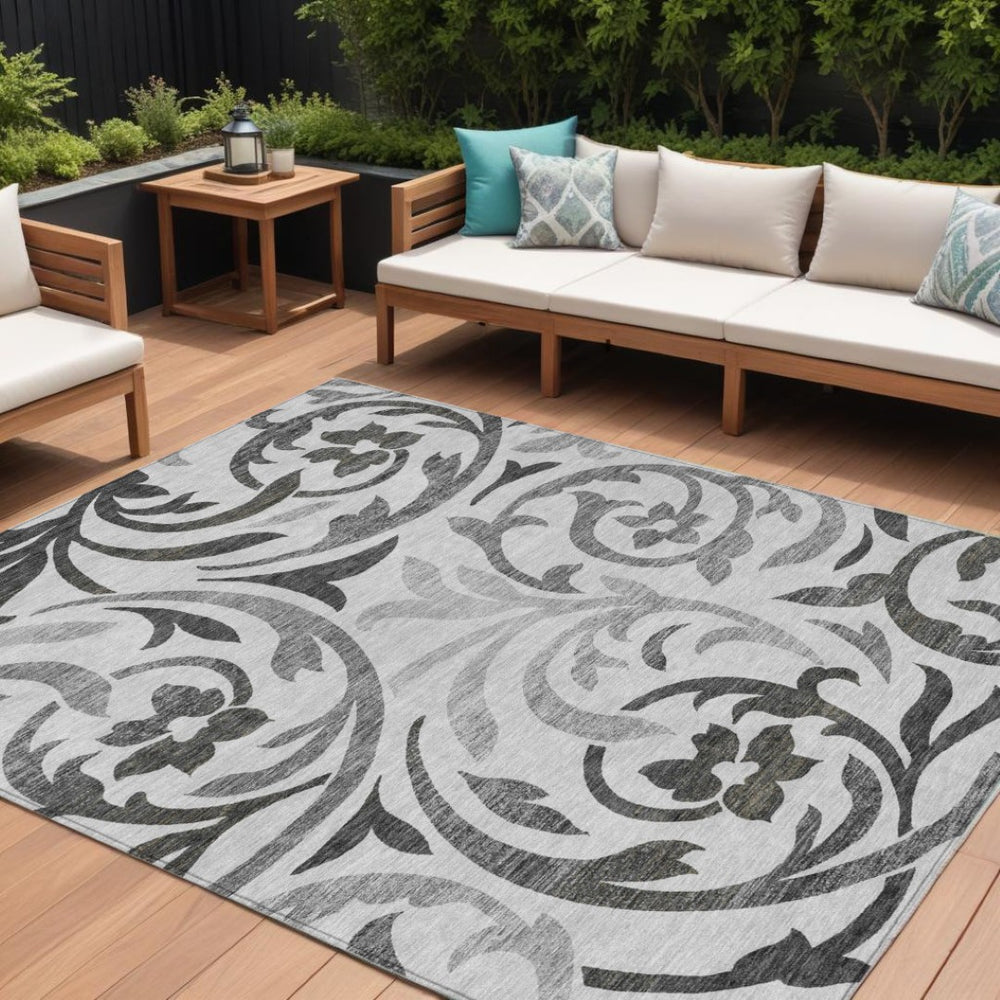 HomeRoots 5' Timeless Floral Gray Charcoal & Silver Area Rug - Durable, Washable for Indoor & Outdoor Elegance 8' X 10' 585799