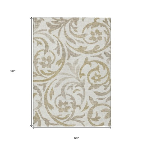 Homeroots 3' Beige Taupe And Copper Floral Area Rug - Durable, Washable Design For Indoor And Outdoor Spaces 5' X 8' Polyester 585803