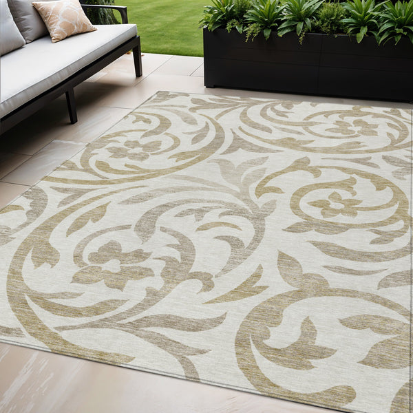 Homeroots 3' Beige Taupe And Copper Floral Area Rug - Durable, Washable Design For Indoor And Outdoor Spaces 5' X 8' Polyester 585803