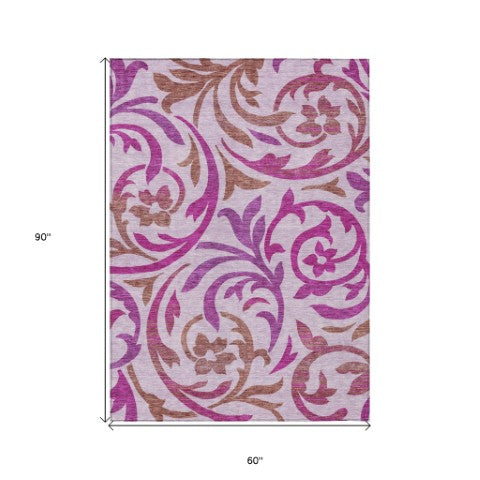 Homeroots 3' Beige Taupe And Copper Floral Area Rug - Durable, Washable Design For Indoor And Outdoor Spaces 5' X 8' Polyester 585809