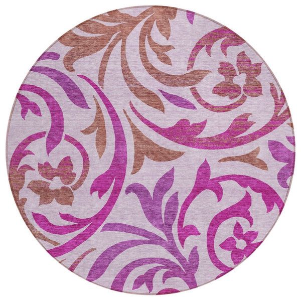 HomeRoots 5' Floral Area Rug in Lavender Blush and Purple - Durable, Washable for Indoor & Outdoor Use 8' Round 585810