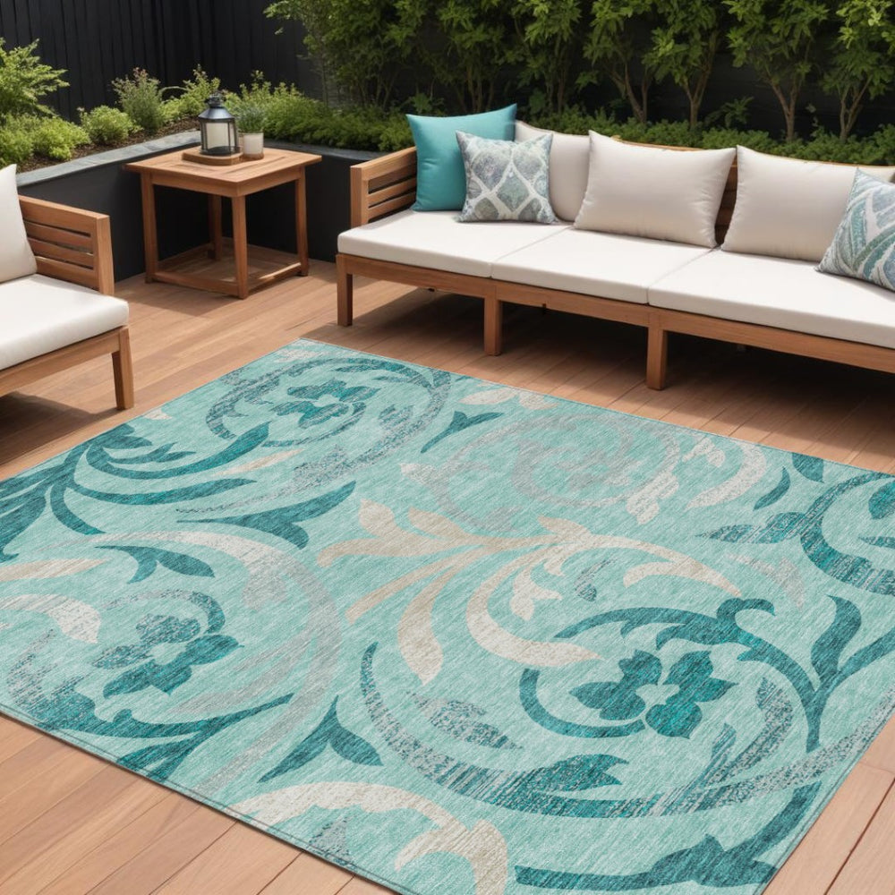 HomeRoots 9' Durable Floral Area Rug in Teal Blue and Beige - Washable, Stain-Resistant, Indoor/Outdoor Use 9' X 12' 585818