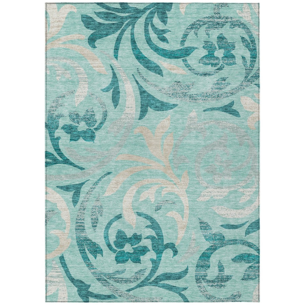 HomeRoots 9' Durable Floral Area Rug in Teal Blue and Beige - Washable, Stain-Resistant, Indoor/Outdoor Use 9' X 12' 585818