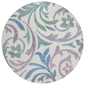 HomeRoots 5' Washable Floral Area Rug – Durable White, Purple & Sage Design for Indoor & Outdoor Use 8' Round 585822