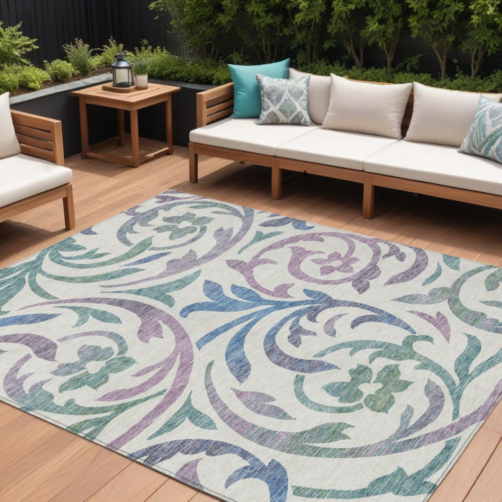 HomeRoots 9' Washable Floral Indoor Outdoor Area Rug in White, Purple & Sage for Stylish Home Decor & Patios 9' X 12' 585824