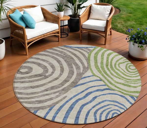 Homeroots 3' Beige Taupe And Green Abstract Washable Area Rug For Indoor And Outdoor High-traffic Spaces 8' Round Polyester 585828