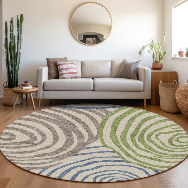 Homeroots 3' Beige Taupe And Green Abstract Washable Area Rug For Indoor And Outdoor High-traffic Spaces 8' Round Polyester 585828