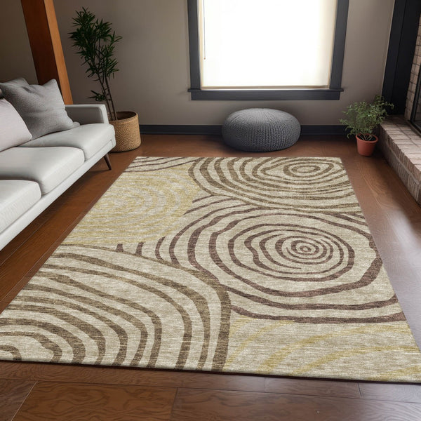 Homeroots 3' Beige Taupe And Green Abstract Washable Area Rug For Indoor And Outdoor High-traffic Spaces 3' X 5' Polyester 585844