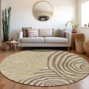 Homeroots 3' Beige Taupe And Green Abstract Washable Area Rug For Indoor And Outdoor High-traffic Spaces 8' Round Polyester 585846