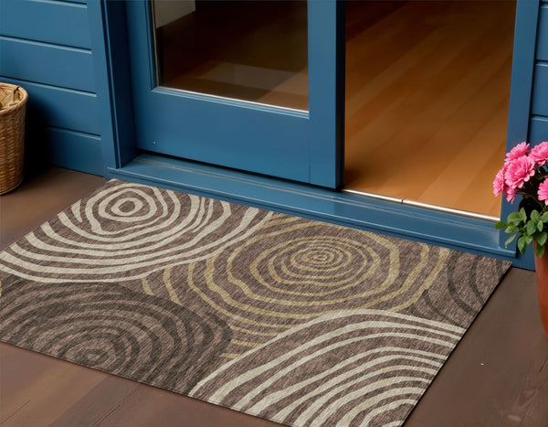 Homeroots 3' Beige Taupe And Green Abstract Washable Area Rug For Indoor And Outdoor High-traffic Spaces 3' X 5' Polyester 585850