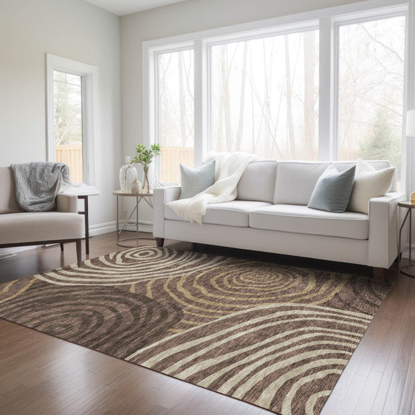 Homeroots 3' Beige Taupe And Green Abstract Washable Area Rug For Indoor And Outdoor High-traffic Spaces 3' X 5' Polyester 585850