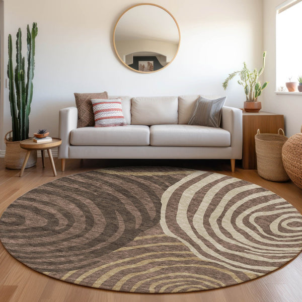 Homeroots 3' Beige Taupe And Green Abstract Washable Area Rug For Indoor And Outdoor High-traffic Spaces 8' Round Polyester 585852