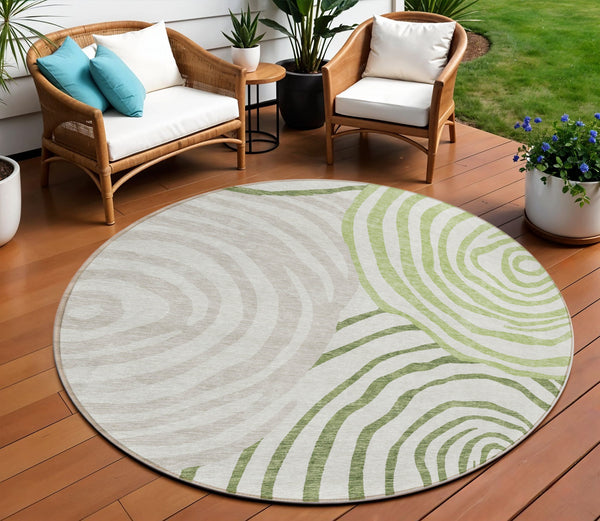 Homeroots 3' Beige Taupe And Green Abstract Washable Area Rug For Indoor And Outdoor High-traffic Spaces 8' Round Polyester 585858