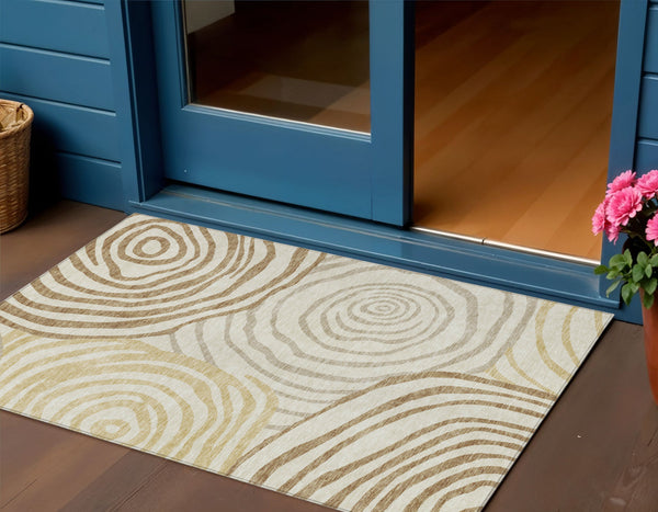 Homeroots 3' Beige Taupe And Green Abstract Washable Area Rug For Indoor And Outdoor High-traffic Spaces 3' X 5' Polyester 585862