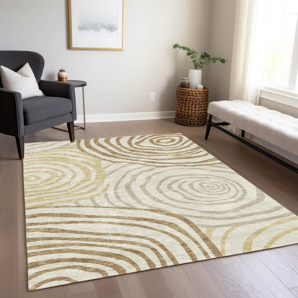 Homeroots 3' Beige Taupe And Green Abstract Washable Area Rug For Indoor And Outdoor High-traffic Spaces 3' X 5' Polyester 585862
