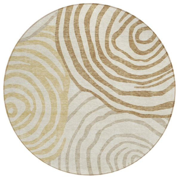 HomeRoots 5' Gold Ivory Beige Abstract Washable Area Rug – Durable, Stylish Design for Indoor and Outdoor Use 8' Round 585864