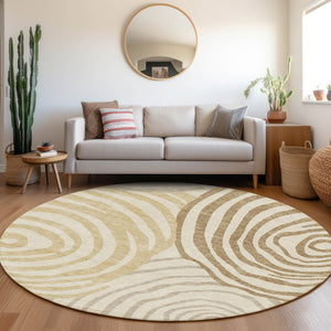 Homeroots 3' Beige Taupe And Green Abstract Washable Area Rug For Indoor And Outdoor High-traffic Spaces 8' Round Polyester 585864