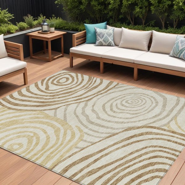 Homeroots 3' Beige Taupe And Green Abstract Washable Area Rug For Indoor And Outdoor High-traffic Spaces 10' X 14' Polyester 585867
