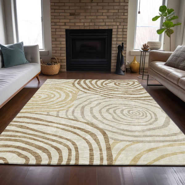Homeroots 3' Beige Taupe And Green Abstract Washable Area Rug For Indoor And Outdoor High-traffic Spaces 10' X 14' Polyester 585867