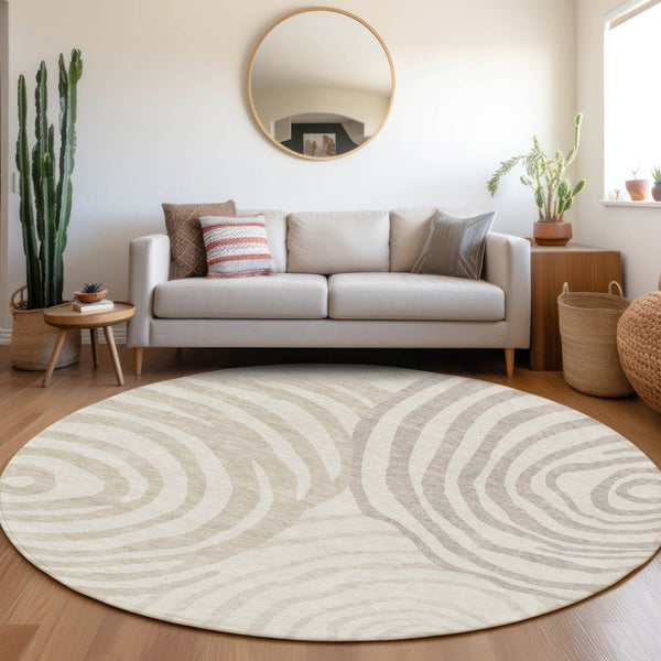 Homeroots 3' Beige Taupe And Green Abstract Washable Area Rug For Indoor And Outdoor High-traffic Spaces 8' Round Polyester 585876