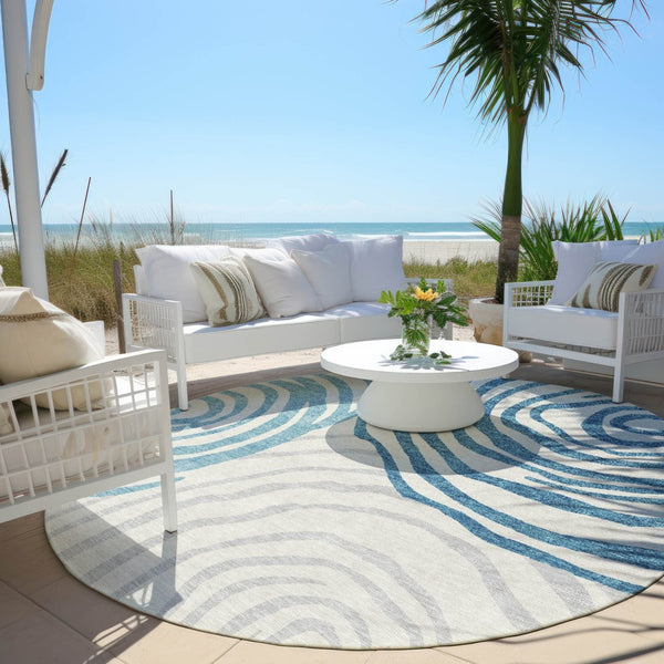 HomeRoots 5' Modern Teal Blue, Ivory & Silver Abstract Area Rug - Durable, Washable for Indoor & Outdoor Use 8' Round 585894