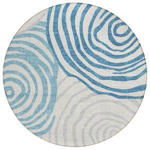 HomeRoots 5' Modern Teal Blue, Ivory & Silver Abstract Area Rug - Durable, Washable for Indoor & Outdoor Use 8' Round 585894