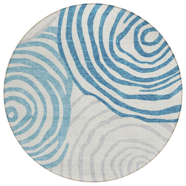 HomeRoots 5' Modern Teal Blue, Ivory & Silver Abstract Area Rug - Durable, Washable for Indoor & Outdoor Use 8' Round 585894