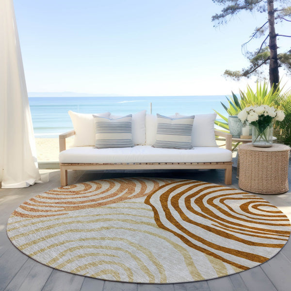 Homeroots 3' Beige Taupe And Green Abstract Washable Area Rug For Indoor And Outdoor High-traffic Spaces 8' Round Polyester 585900