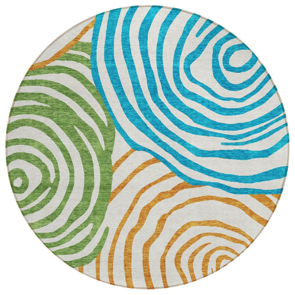 HomeRoots 5' Modern Abstract Indoor Outdoor Area Rug in White, Orange & Teal Blue - Durable & Washable 8' Round 585906