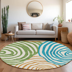 Homeroots 3' Beige Taupe And Green Abstract Washable Area Rug For Indoor And Outdoor High-traffic Spaces 8' Round Polyester 585906