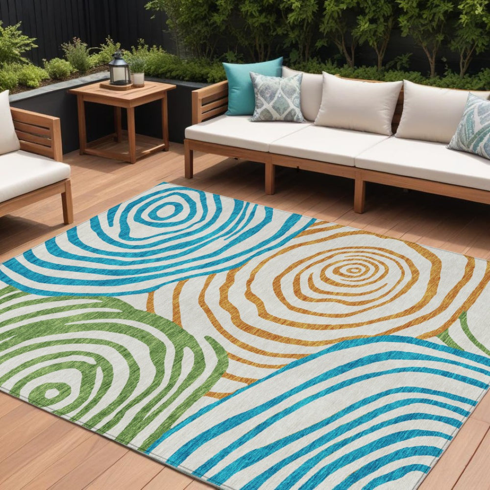 HomeRoots 9' Abstract Washable Indoor Outdoor Area Rug in White, Orange & Teal Blue - Durable & Stylish Design 9' X 12' 585908