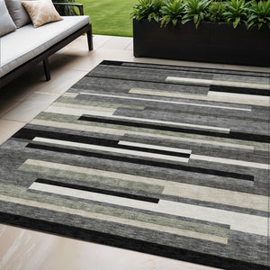 Homeroots 3' Stylish Black Charcoal And Gray Striped Washable Area Rug For Indoor And Outdoor Spaces 5' X 8' Polyester 585911