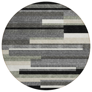 HomeRoots 5' Modern Black Charcoal and Gray Striped Washable Area Rug for Indoor and Outdoor Spaces 8' Round 585912