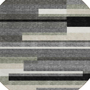 Homeroots 3' Stylish Black Charcoal And Gray Striped Washable Area Rug For Indoor And Outdoor Spaces 8' Round Polyester 585912