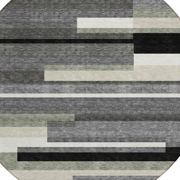 Homeroots 3' Stylish Black Charcoal And Gray Striped Washable Area Rug For Indoor And Outdoor Spaces 8' Round Polyester 585912