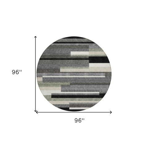 Homeroots 3' Stylish Black Charcoal And Gray Striped Washable Area Rug For Indoor And Outdoor Spaces 8' Round Polyester 585912