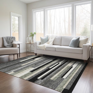 Homeroots 3' Stylish Black Charcoal And Gray Striped Washable Area Rug For Indoor And Outdoor Spaces 8' X 10' Polyester 585913