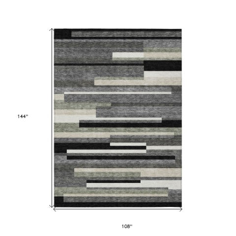 Homeroots 3' Stylish Black Charcoal And Gray Striped Washable Area Rug For Indoor And Outdoor Spaces 9' X 12' Polyester 585914