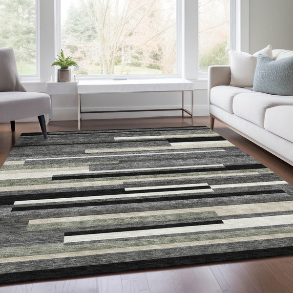 Homeroots 3' Stylish Black Charcoal And Gray Striped Washable Area Rug For Indoor And Outdoor Spaces 9' X 12' Polyester 585914