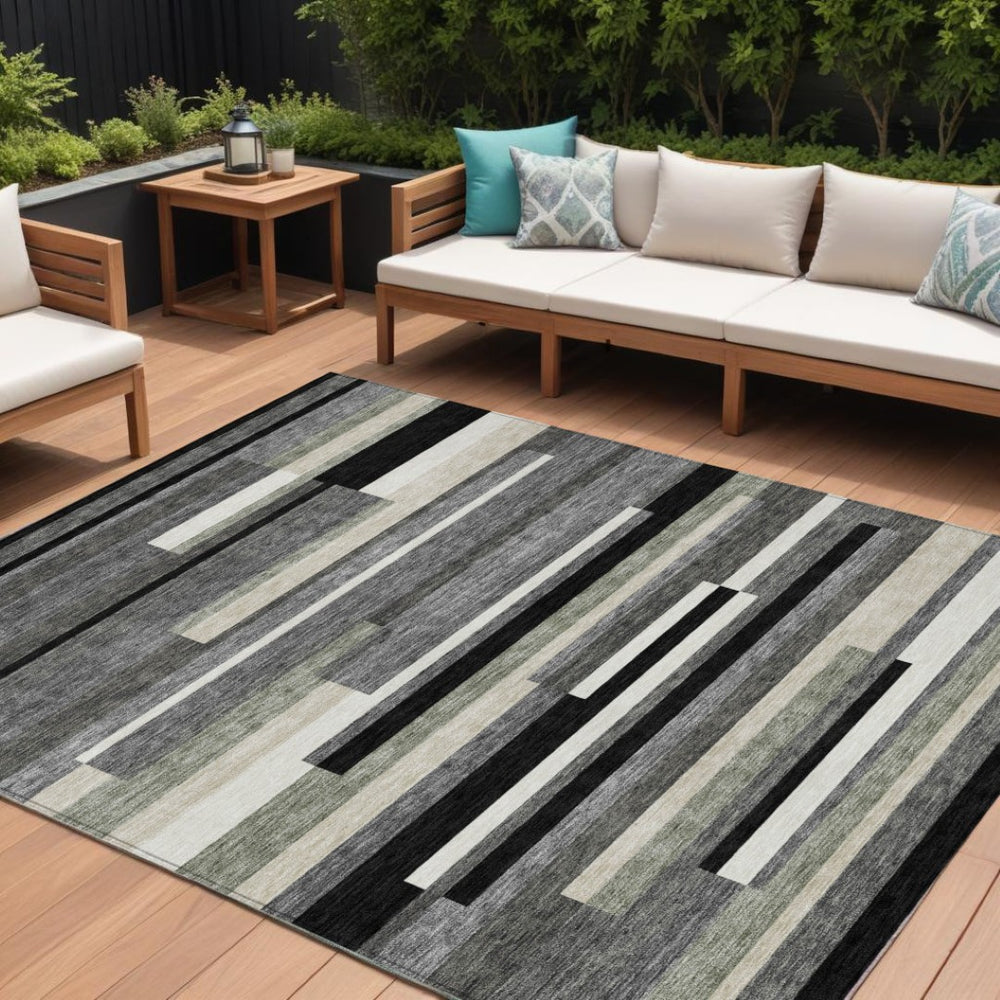 HomeRoots 5' Modern Black Charcoal and Gray Striped Washable Area Rug for Indoor and Outdoor Spaces 10' X 14' 585915