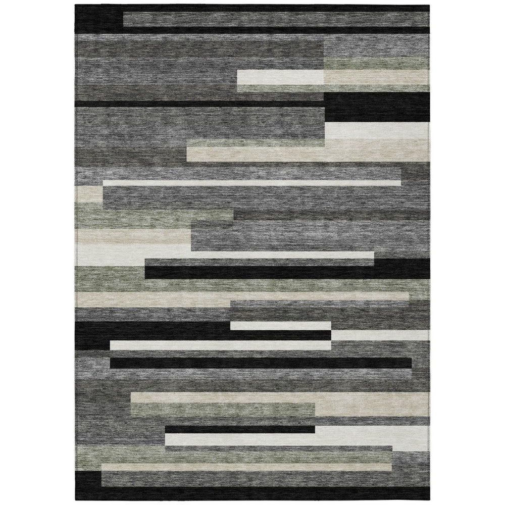 HomeRoots 5' Modern Black Charcoal and Gray Striped Washable Area Rug for Indoor and Outdoor Spaces 10' X 14' 585915