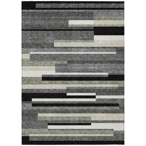 HomeRoots 5' Modern Black Charcoal and Gray Striped Washable Area Rug for Indoor and Outdoor Spaces 10' X 14' 585915