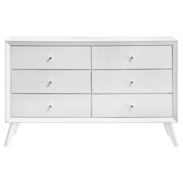 English Elm Contemporary Solid Wood White Dresser with Wave Fronts Bronze Knobs and Angled Legs B2741P470089