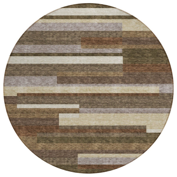 HomeRoots 5' Stylish Brown Beige and Copper Striped Washable Area Rug for Indoor and Outdoor Spaces 8' Round 585924